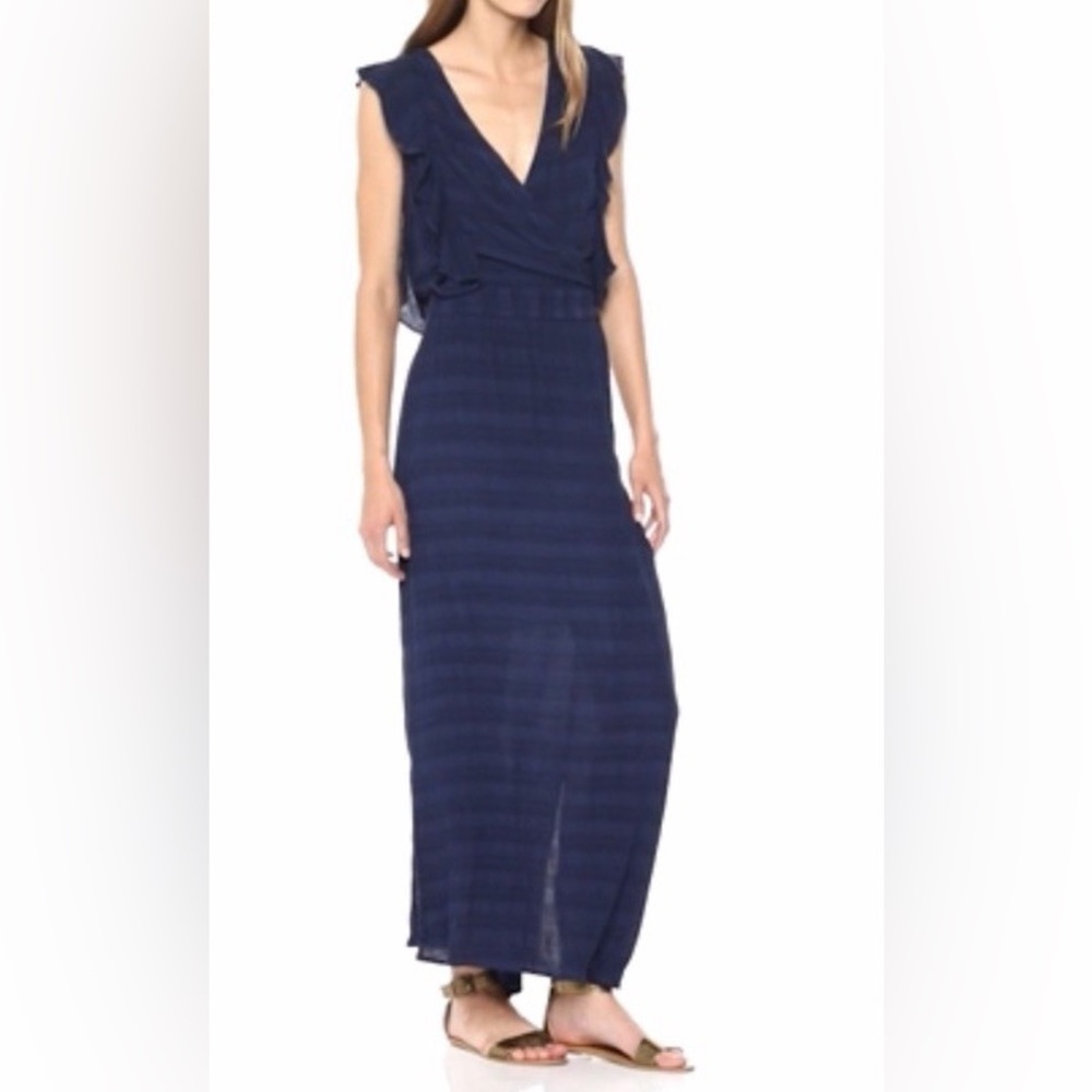 Michael Stars Plisse Stripe Ruffle Sleeveless Maxi Dress Navy Blue Size LG NWOT